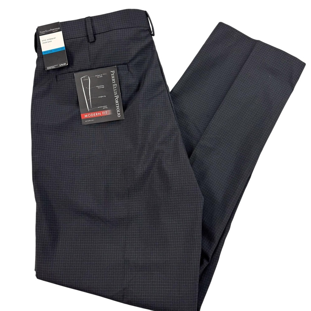 Perry Ellis Portfolio Dress Pants Mens 36x32 Black Check Modern Fit NEW $70